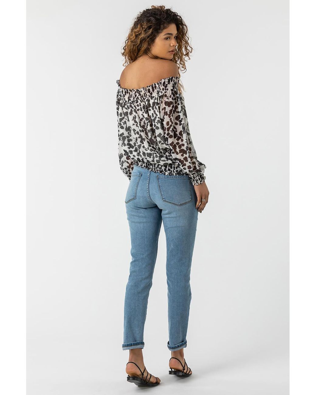 Roman White Shirred Animal Print Bardot Chiffon Top