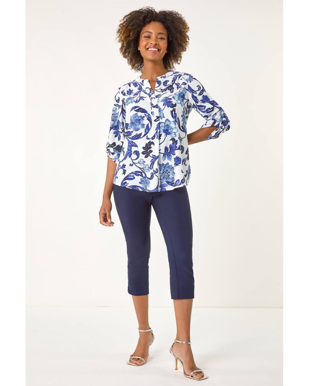 Roman Blue Floral Print Gathered Blouse