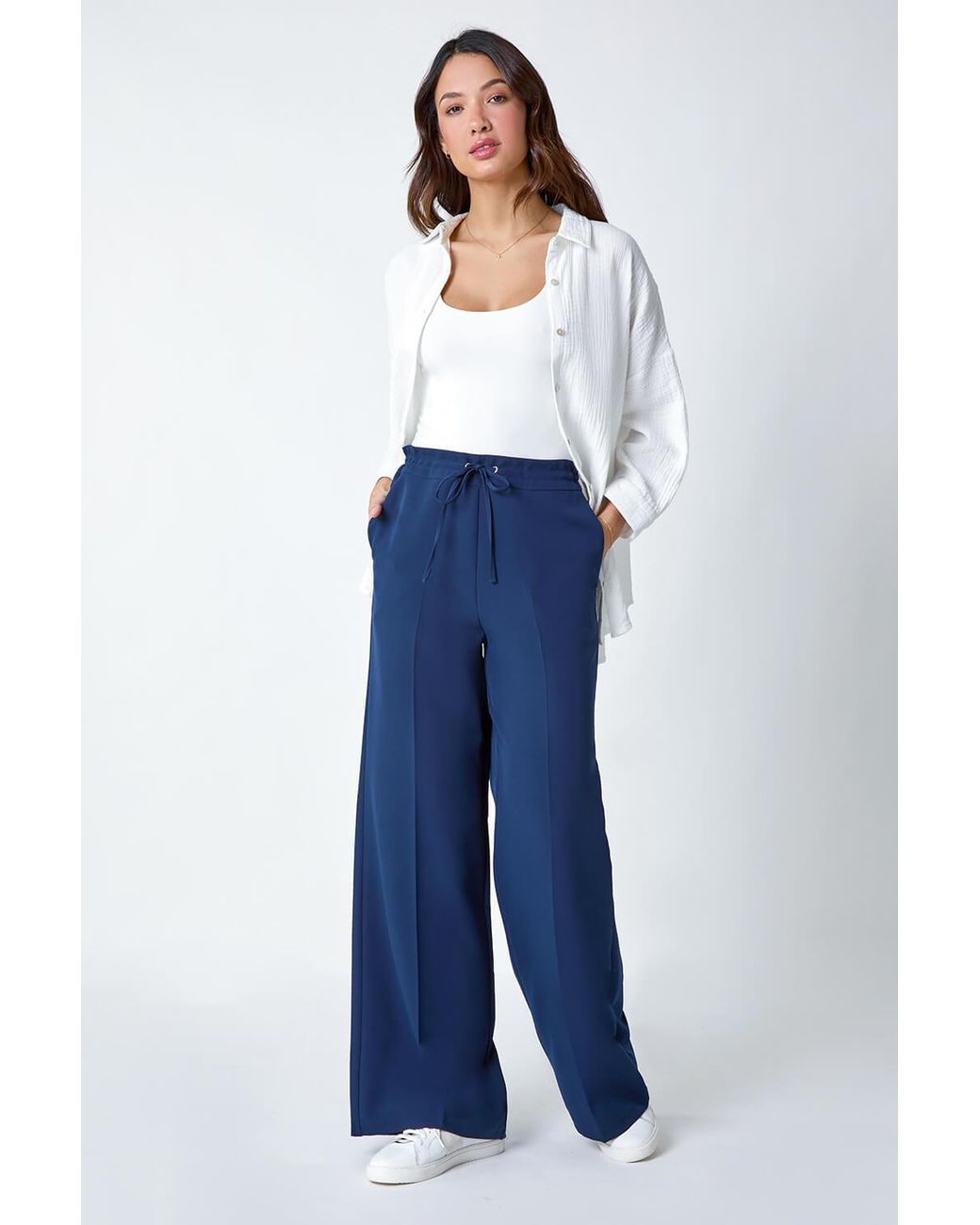 Roman Pink Wide Leg Elastic Waist Tie Front Trouser