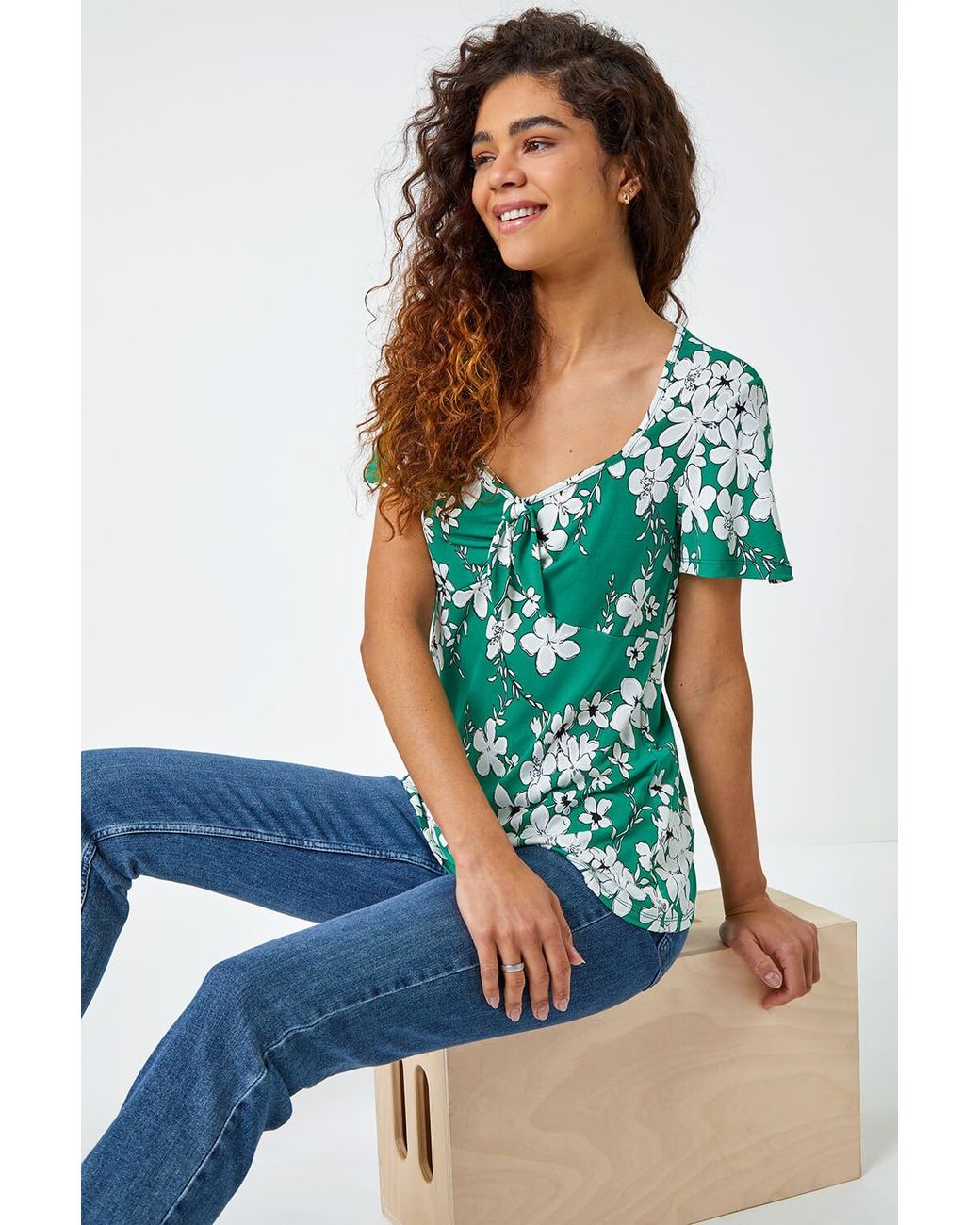 Roman Blue Textured Floral Print Ruched Top