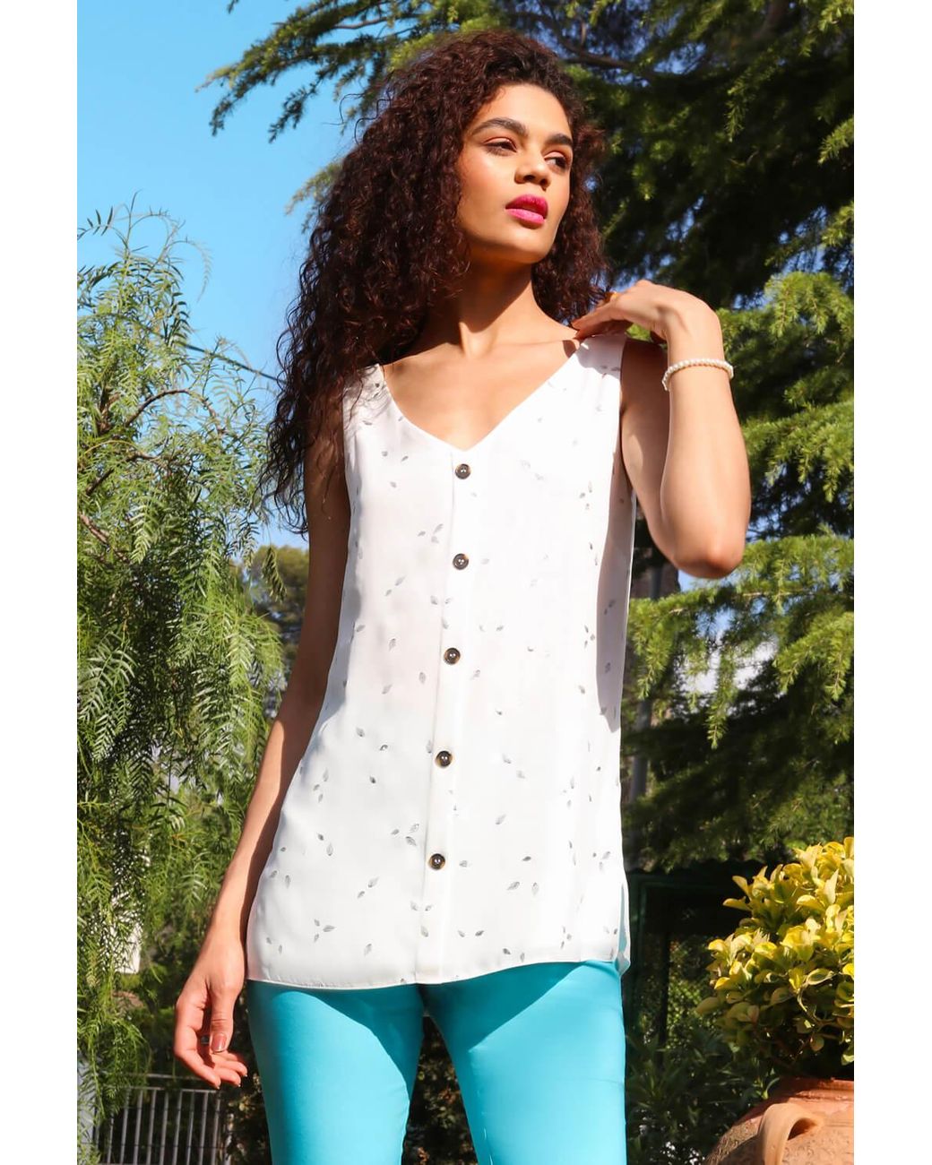 Roman White Foil Print Button Detail V-Neck Top
