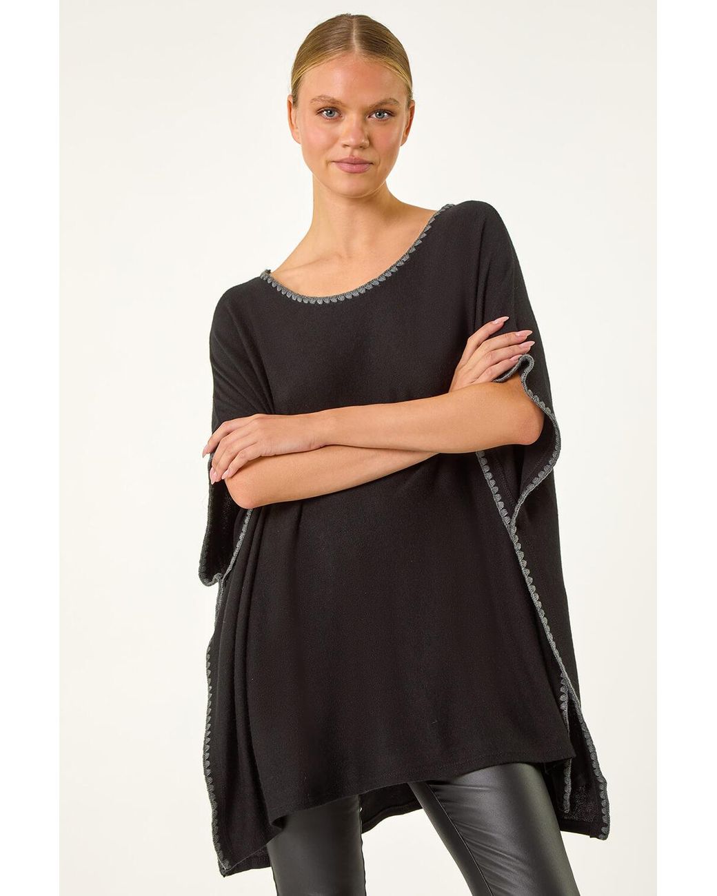 Roman Black Blanket Stitch Knit Poncho