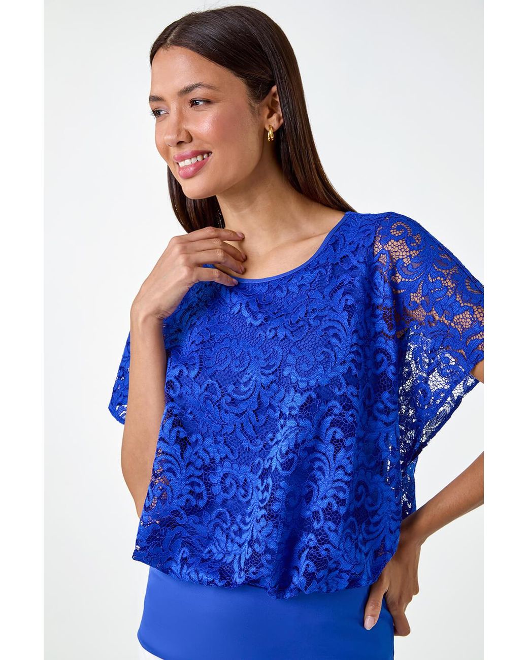 Roman Blue Lace Stretch Bubble Hem Top