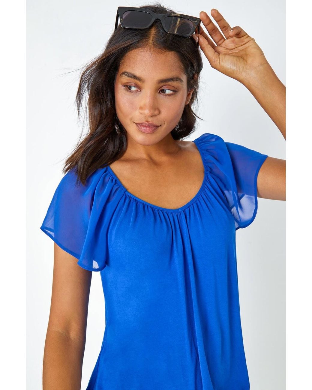 Roman Blue Chiffon Sleeve V-Neck Stretch Jersey Top