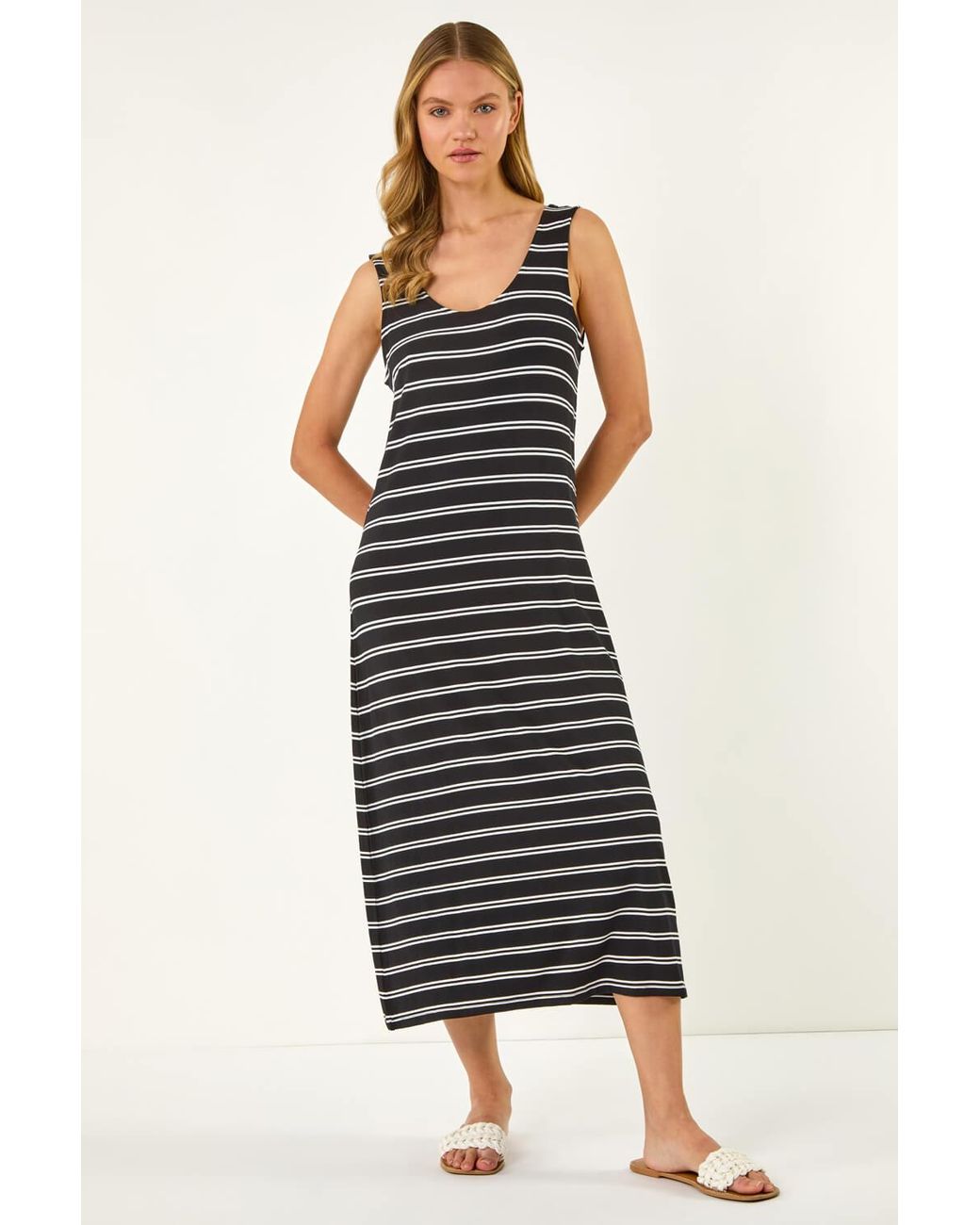Roman Black Stripe Cross Back Stretch Maxi Dress