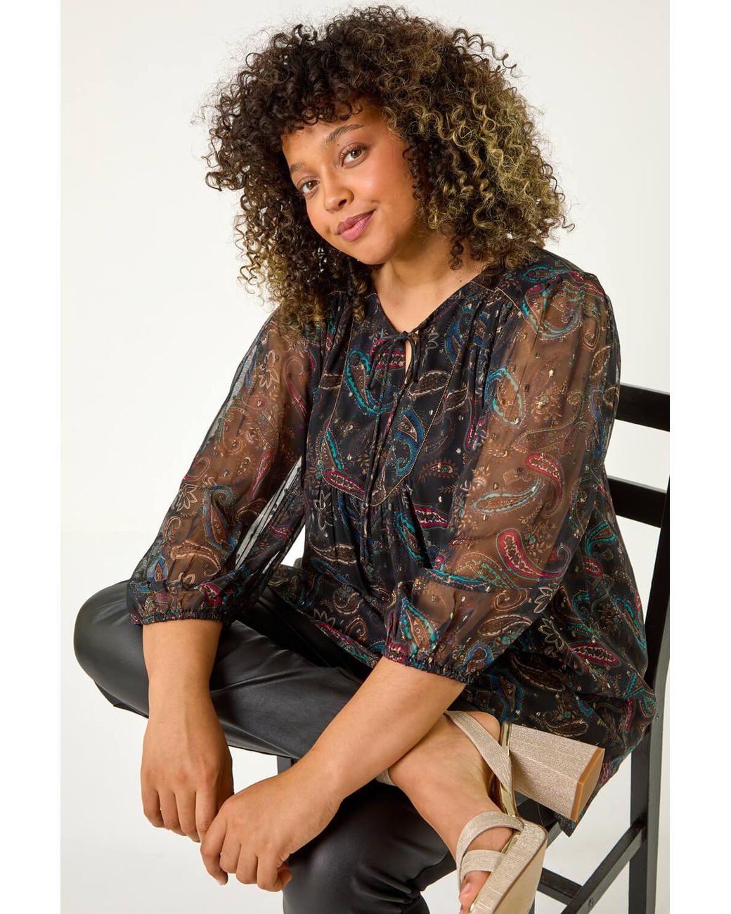 Roman Curve Blue Tie Neck Metallic Top