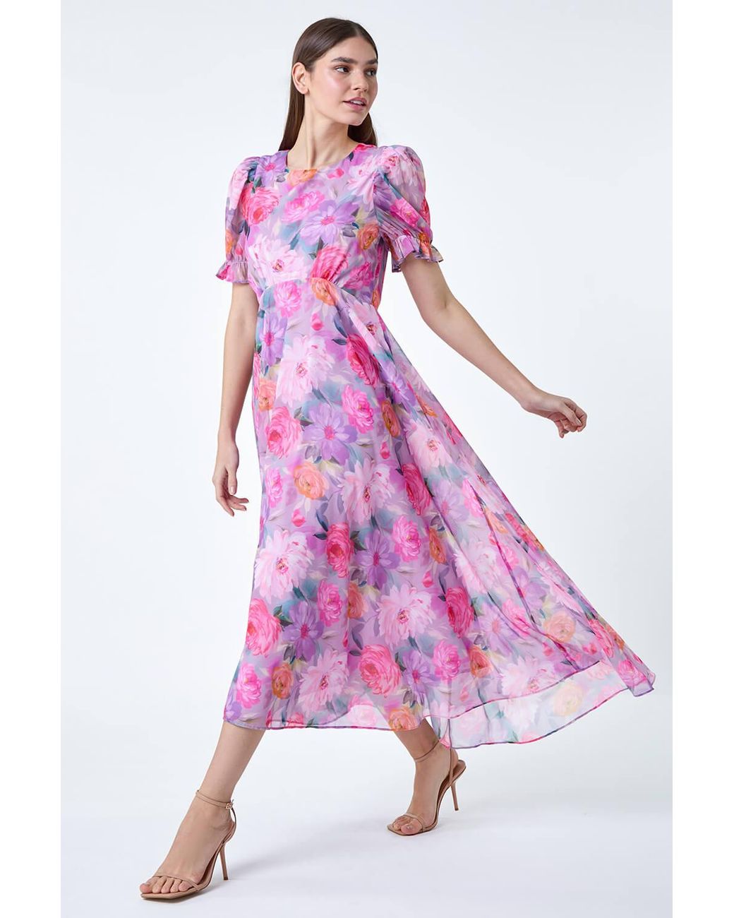 Roman Pink Floral Print Puff Sleeve Chiffon Midi Dress