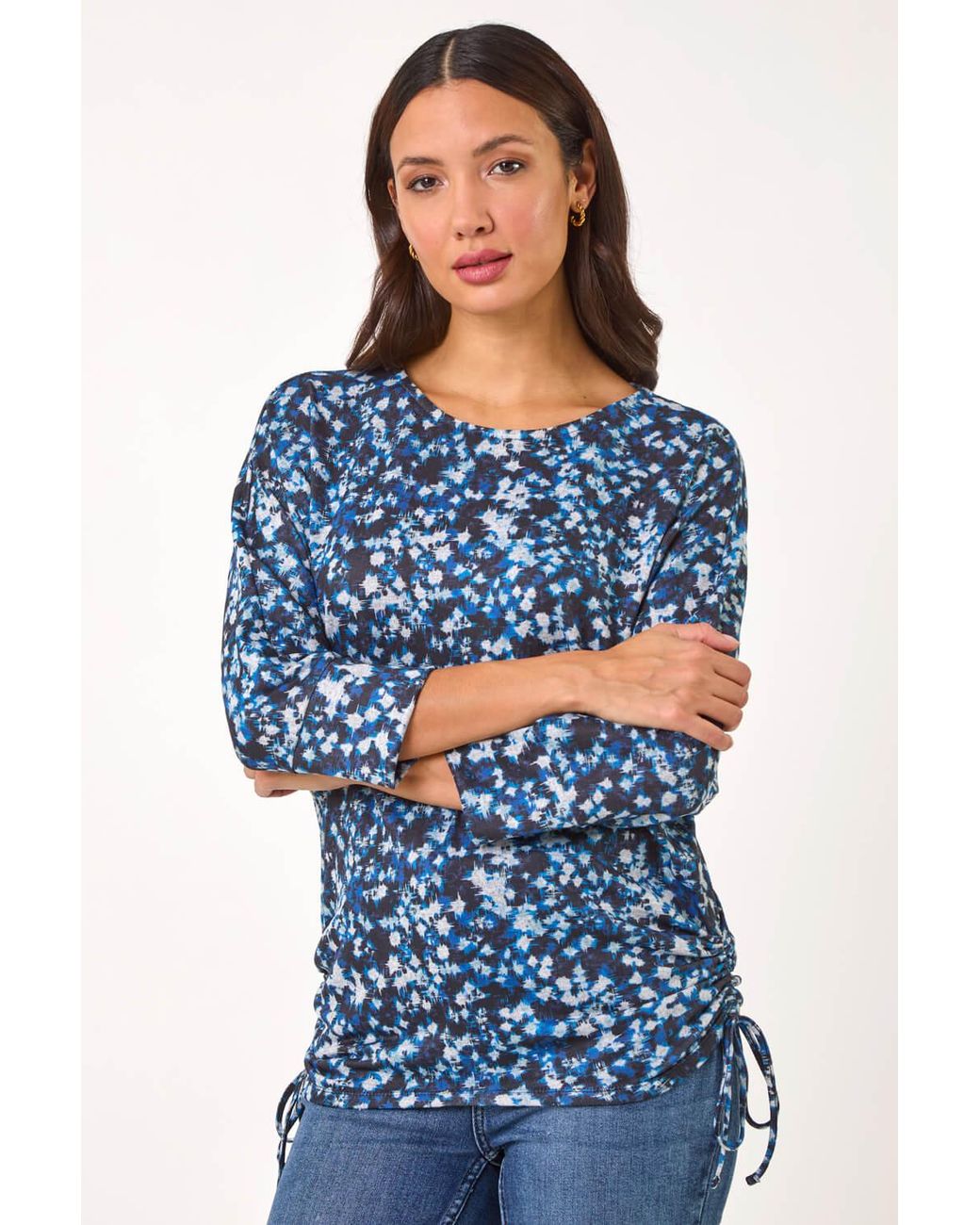 Roman Blue Abstract Print Side Tie Ruched Top