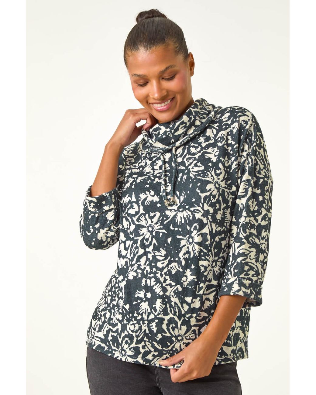 Roman Blue Floral Printed Roll Neck Top