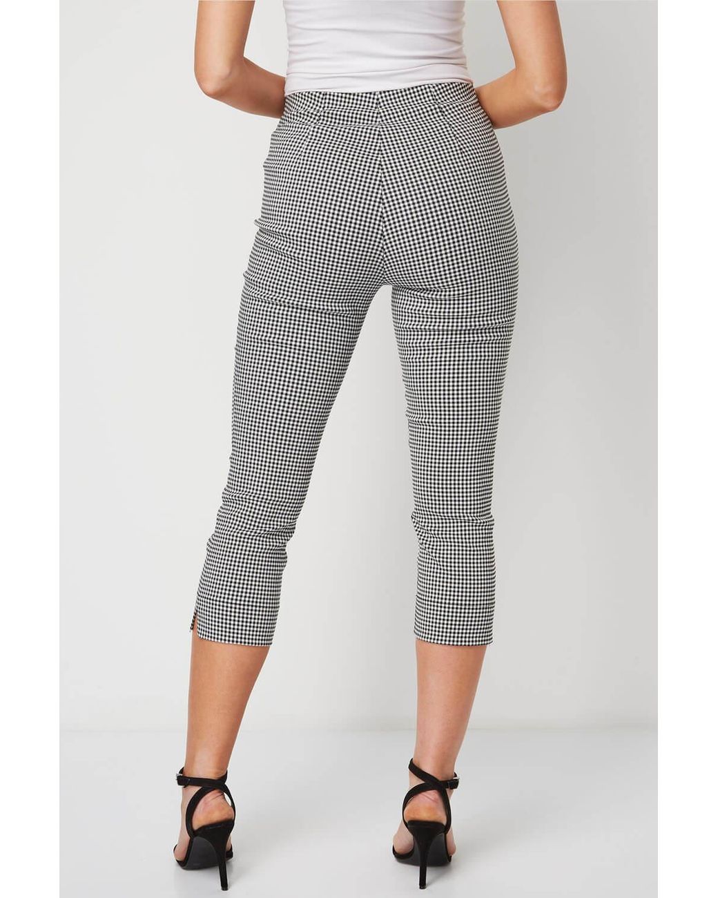 Roman Black Gingham Elastic Waist Stretch Cropped Trouser