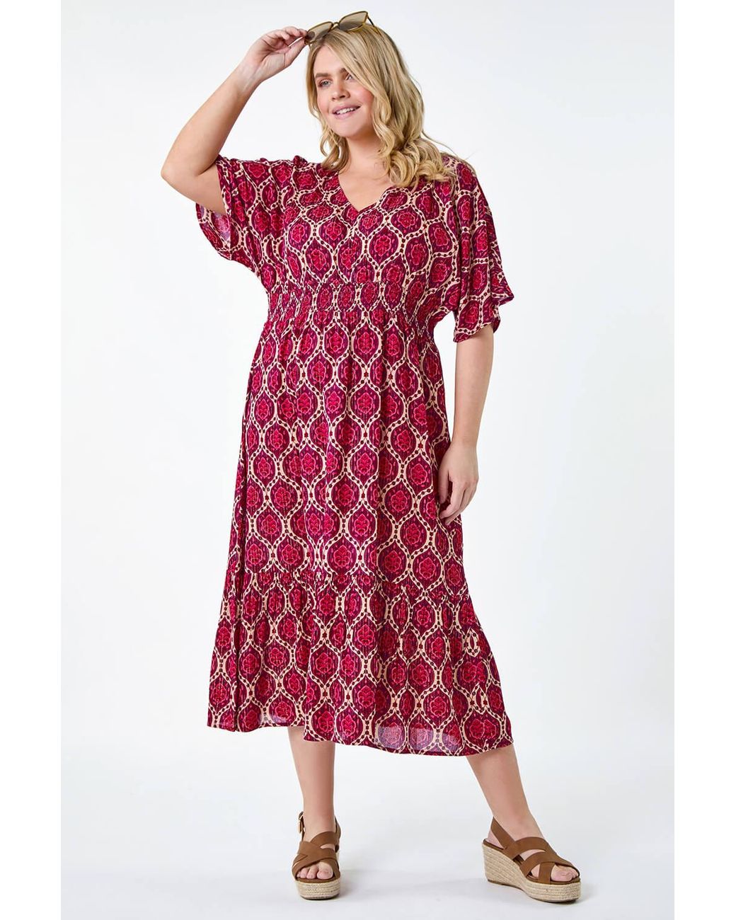 Roman Curve Geo Shimmer Stripe Shirred Midi Dress