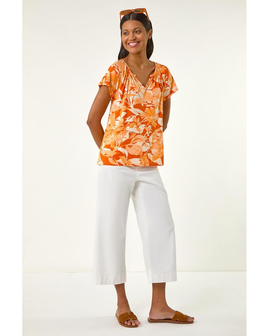Roman Orange Abstract Leaf Print Stretch Top