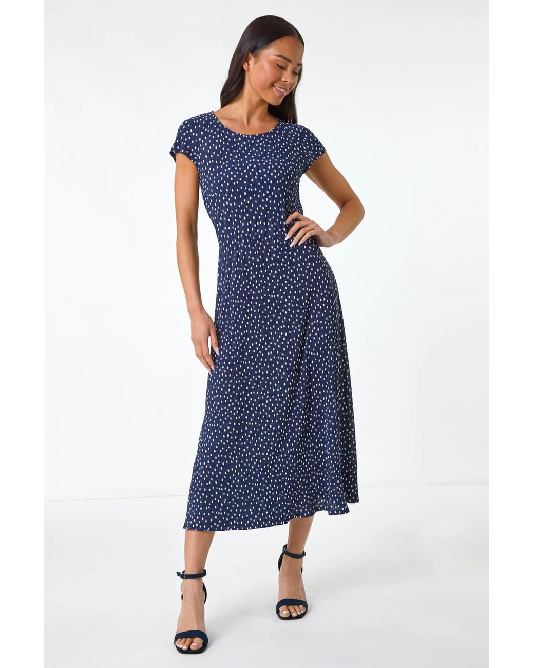 Roman Petite Blue Spot Print Crinkle Midi Dress
