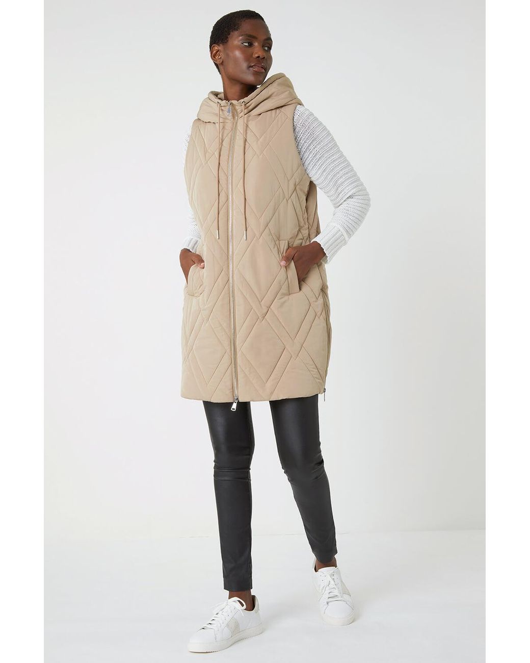 Roman Diamond Quilted Hooded Gilet in Natural | Lyst UK