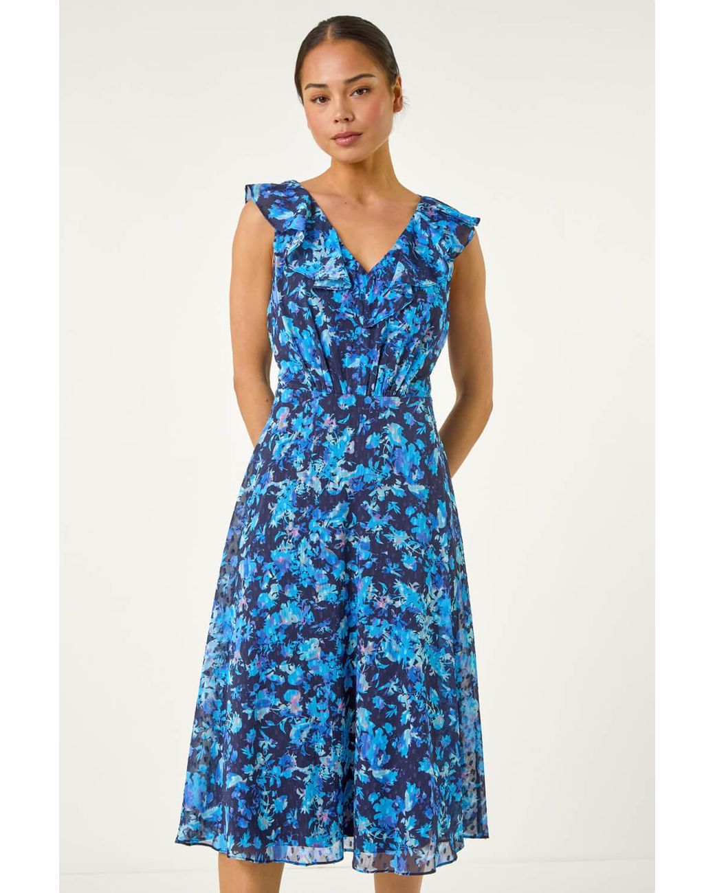 Roman Petite Blue Floral Print Frill Front Midi Dress