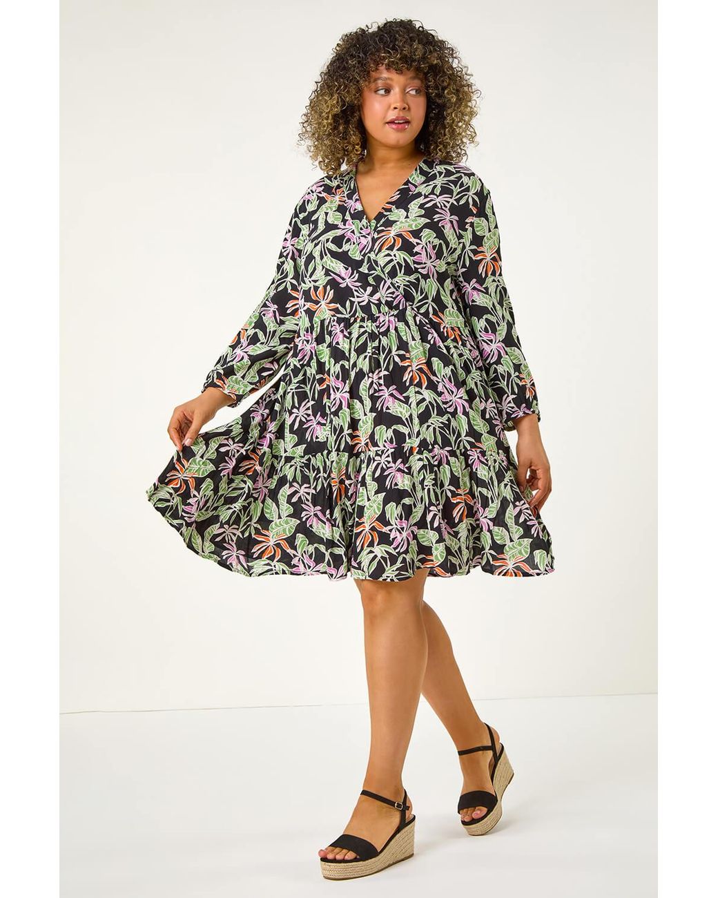 Roman Curve Black Tropical Leaf Print Wrap Dress