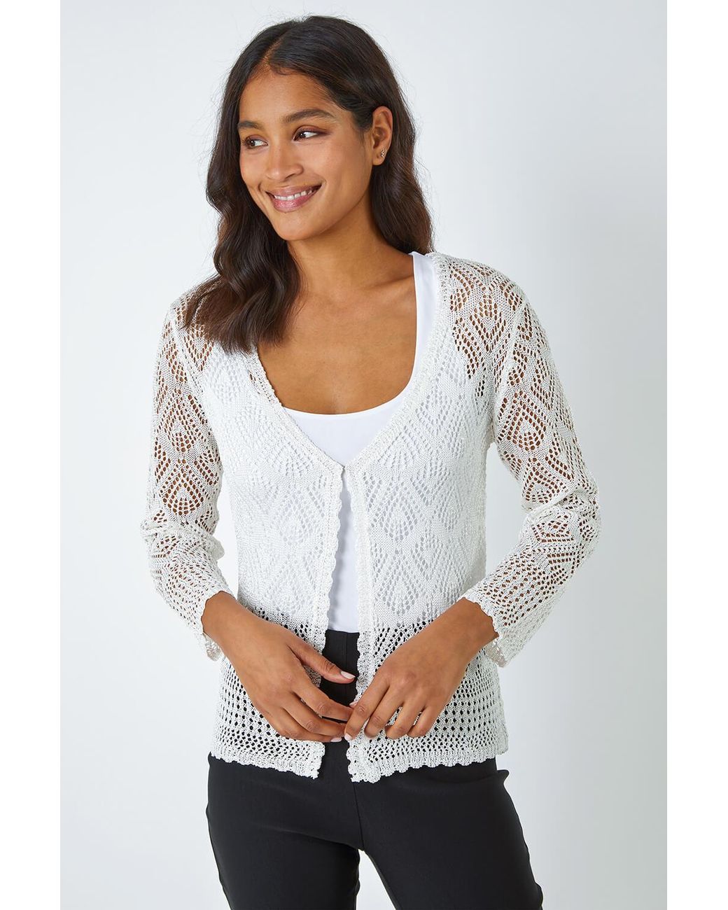 Roman White Knitted Crochet Shimmer Shrug
