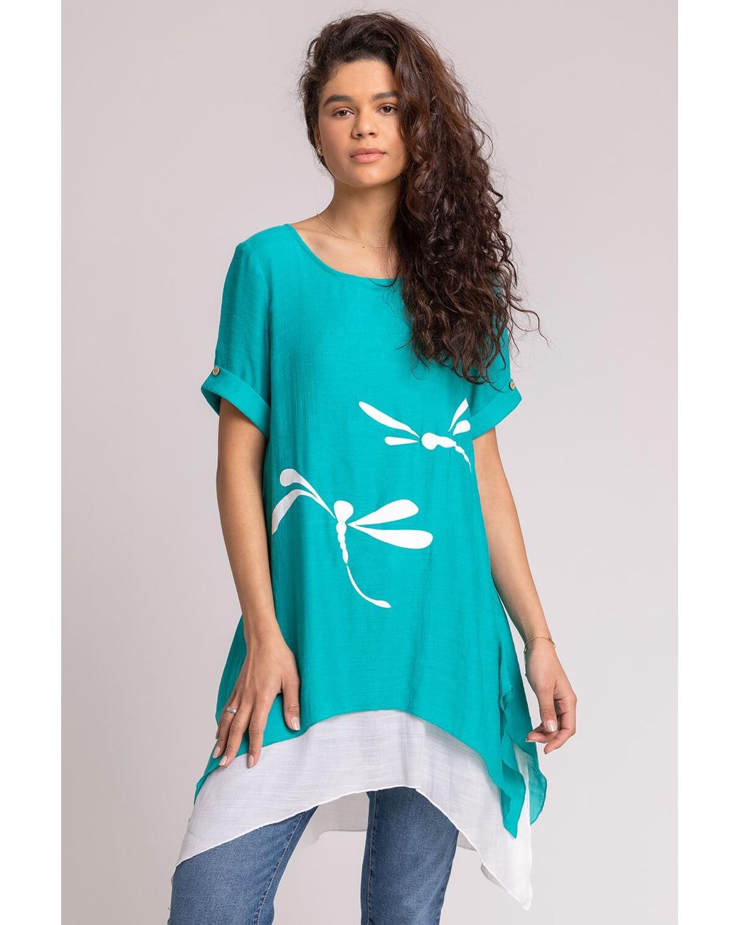 Roman Blue Dragonfly Print Asymmetric Tunic Top