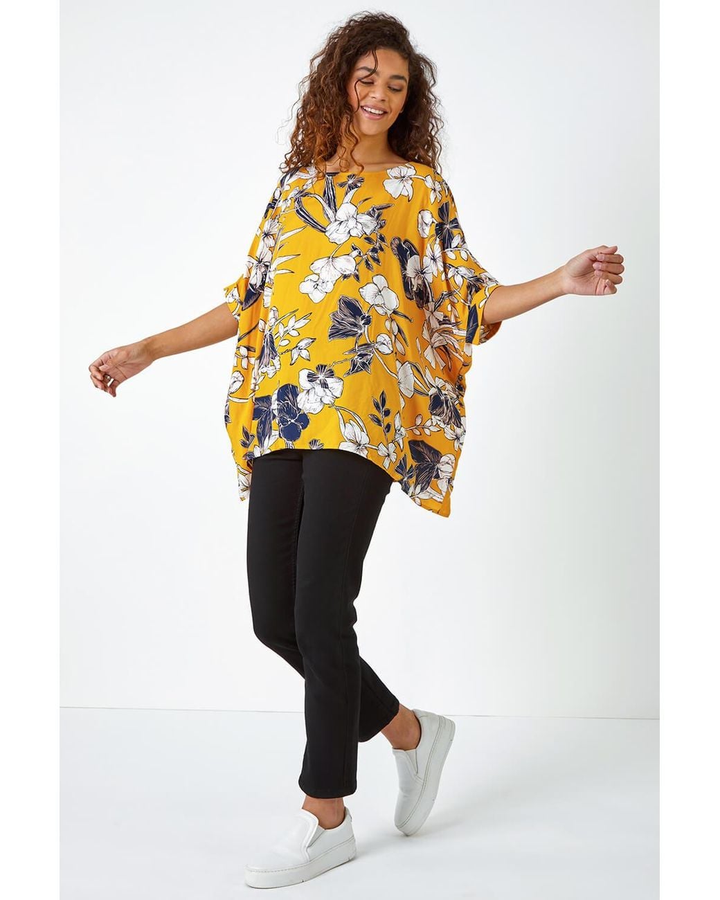 Roman Yellow Floral Print Button Back Top