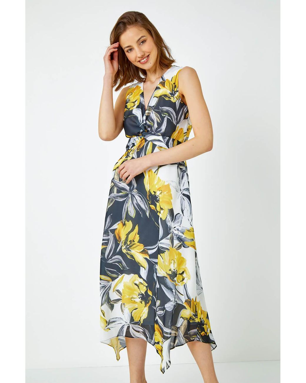 Roman White Floral Twist Front Chiffon Asymmetric Midi Dress