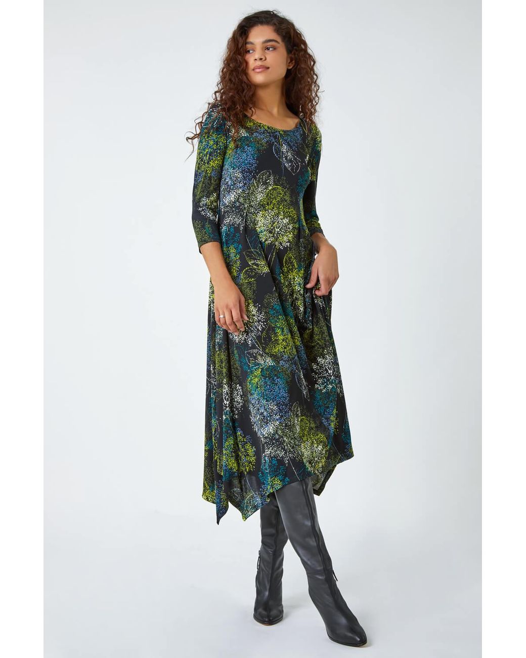 Roman Green Floral Hanky Hem Stretch Midi Dress