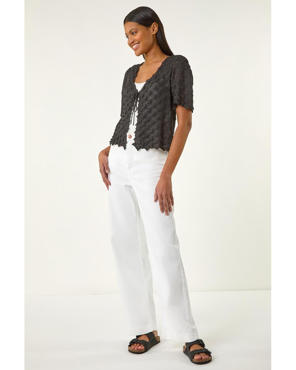 Roman Black Textured Tie Front Shrug