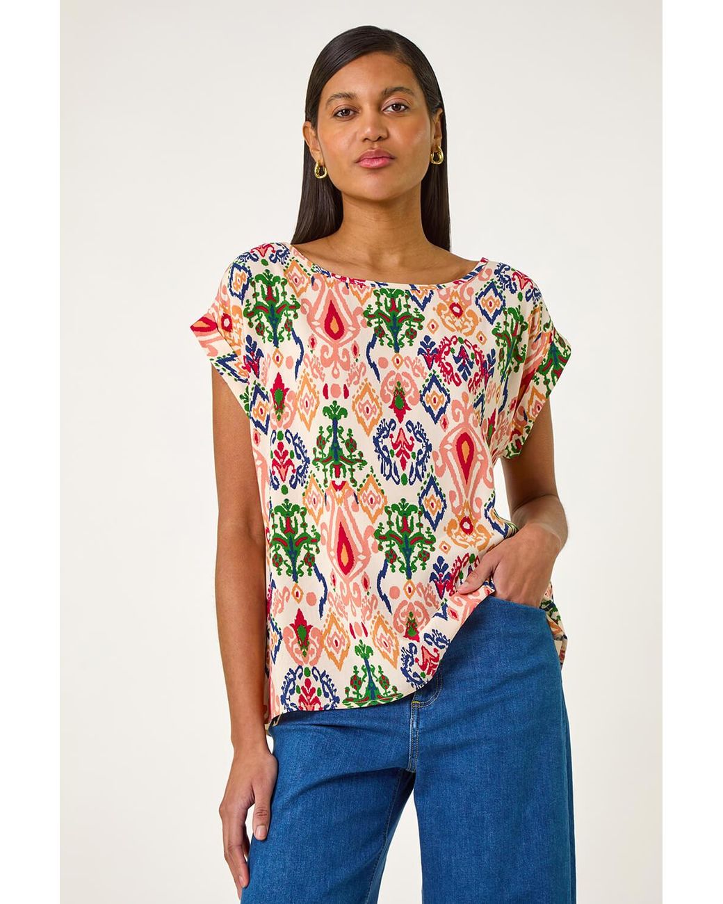 Roman Blue Abstract Print Cuff Sleeve Top