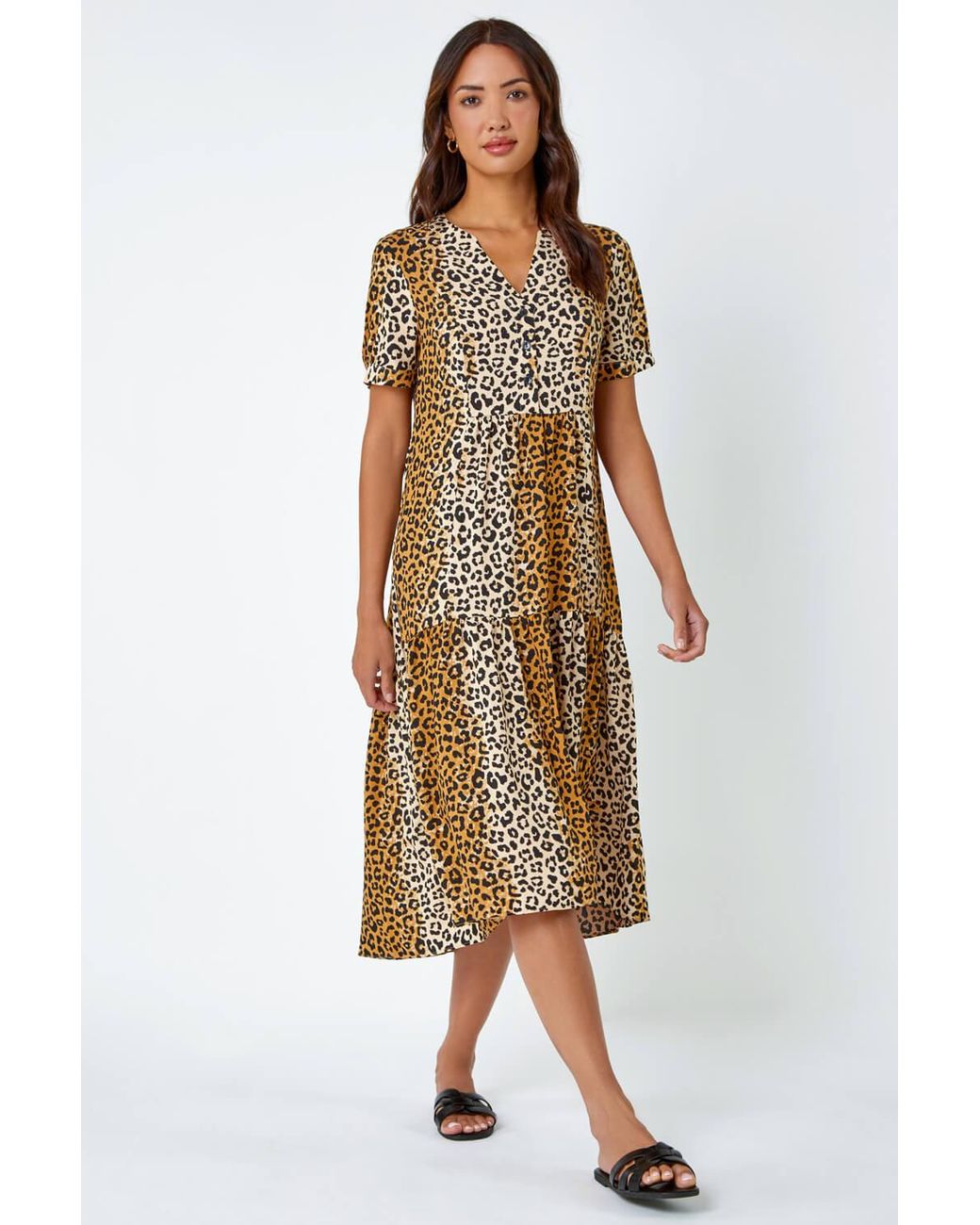 Roman Natural Leopard Print Tiered Midi Dress