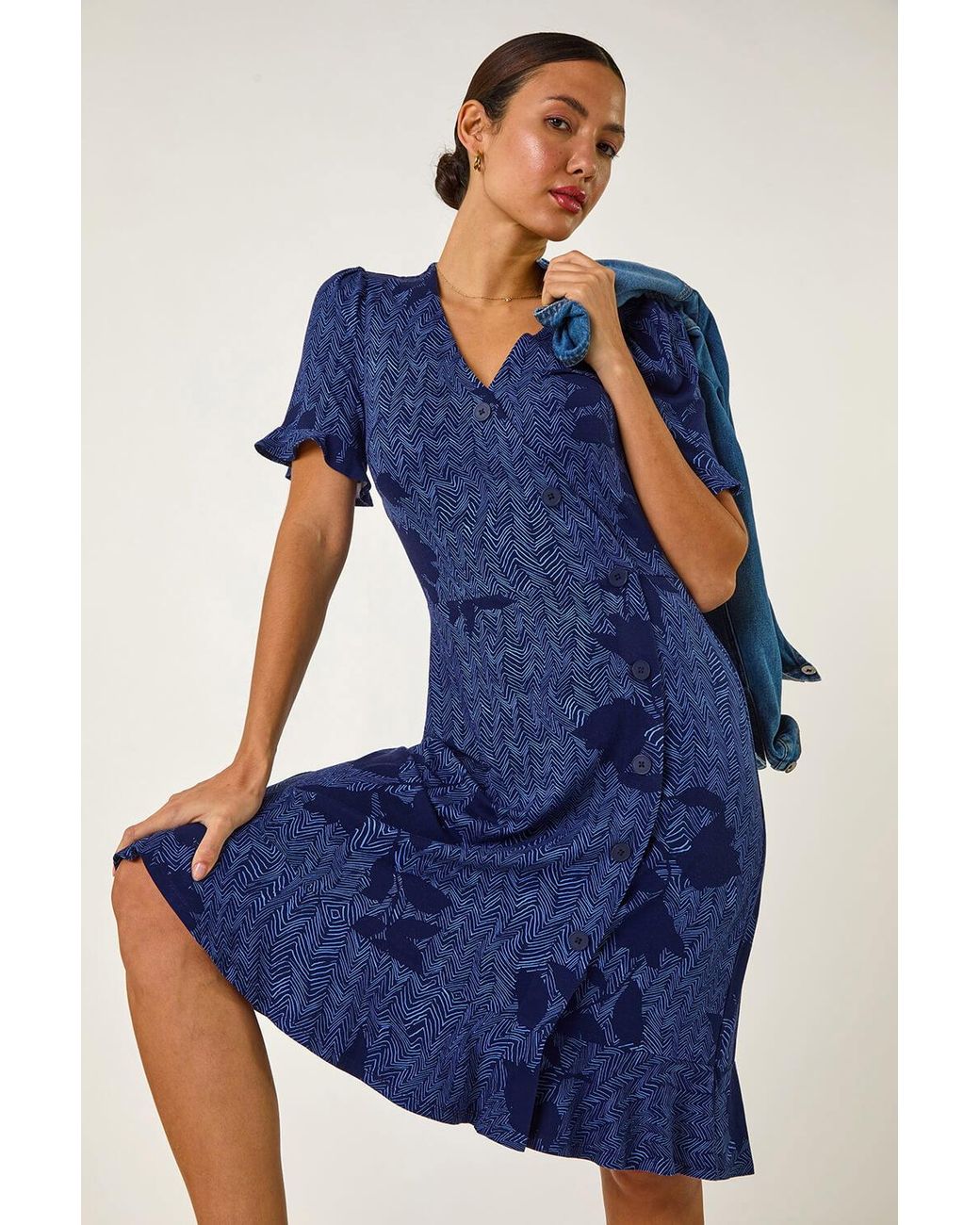 Roman Blue Floral Side Button Dress