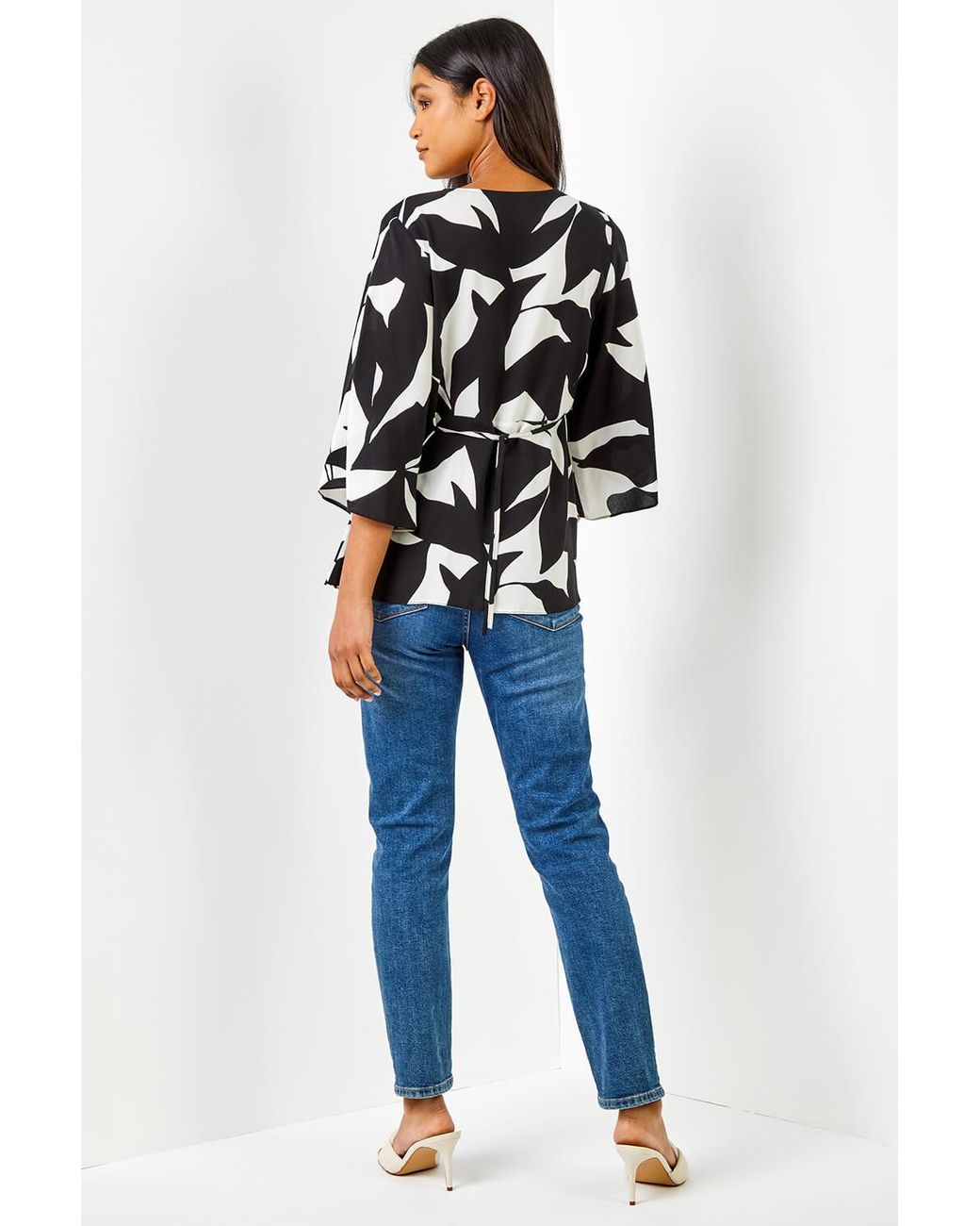 Roman Black Contrast Floral Print Ruched Tunic Top