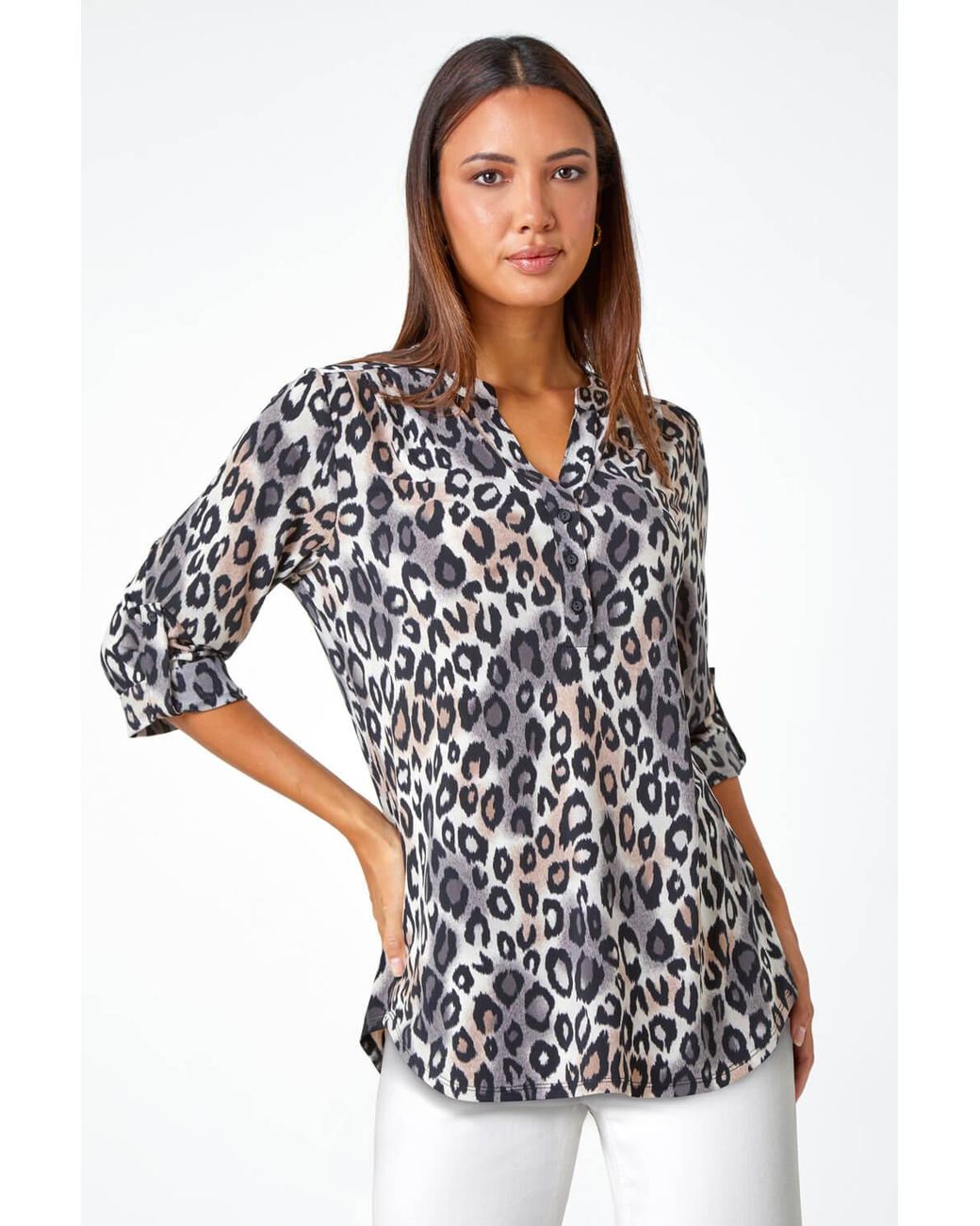 Roman White Animal Print Stretch Blouse