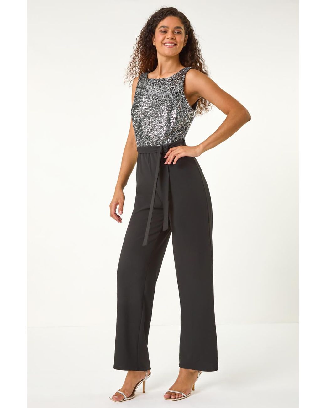 Roman Black Contrast Sequin Bodice Jumpsuit