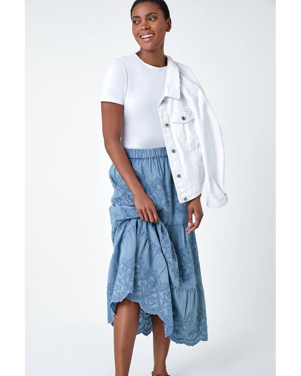 Roman Blue Broderie Elastic Waist A Line Tiered Midi Skirt