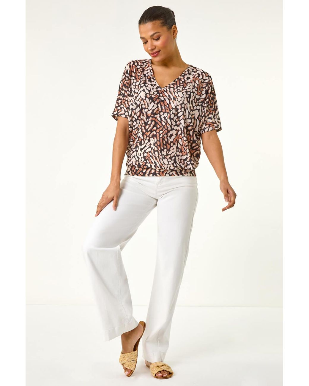 Roman White Abstract Print V-Neck Stretch Top