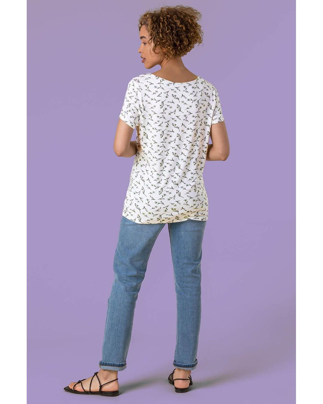 Roman White Floral Print V-Neck T-Shirt