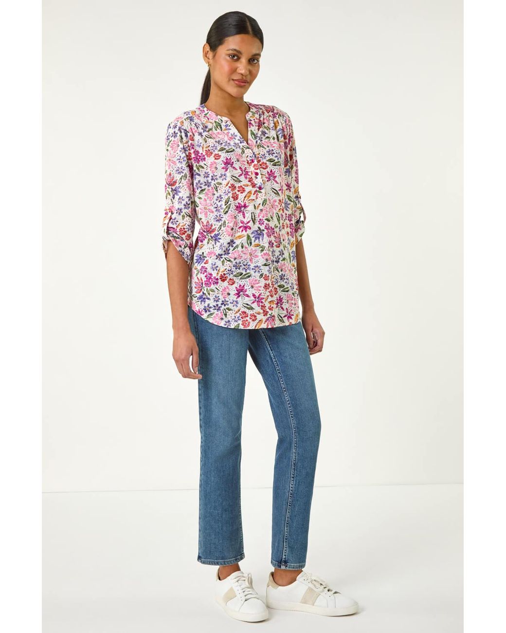 Roman Red Floral Print Burnout V-Neck Top