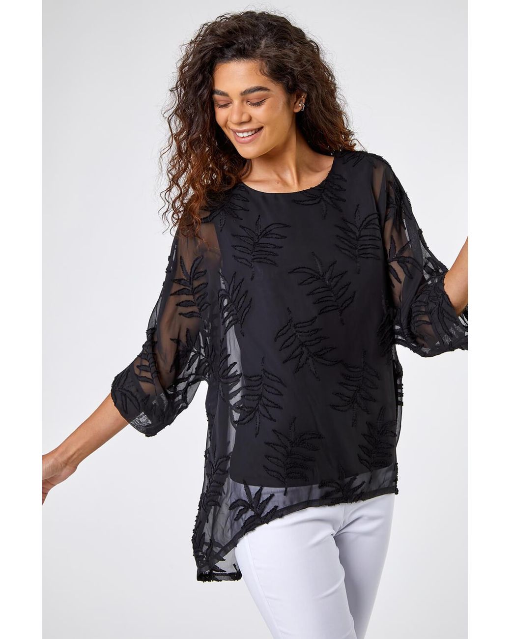 Roman Black Leaf Burnout Print Chiffon Overlay Top