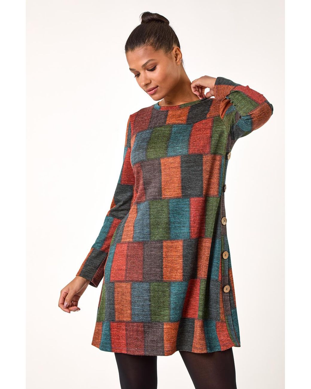 Roman Red Patchwork Pattern Button Detail Dress