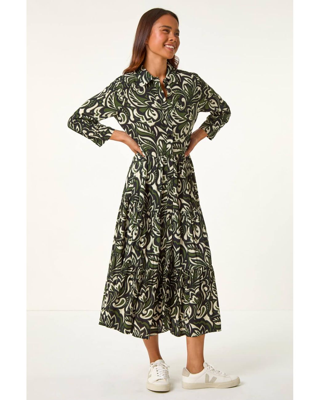 Roman Petite Green Floral Button Tiered Midi Dress