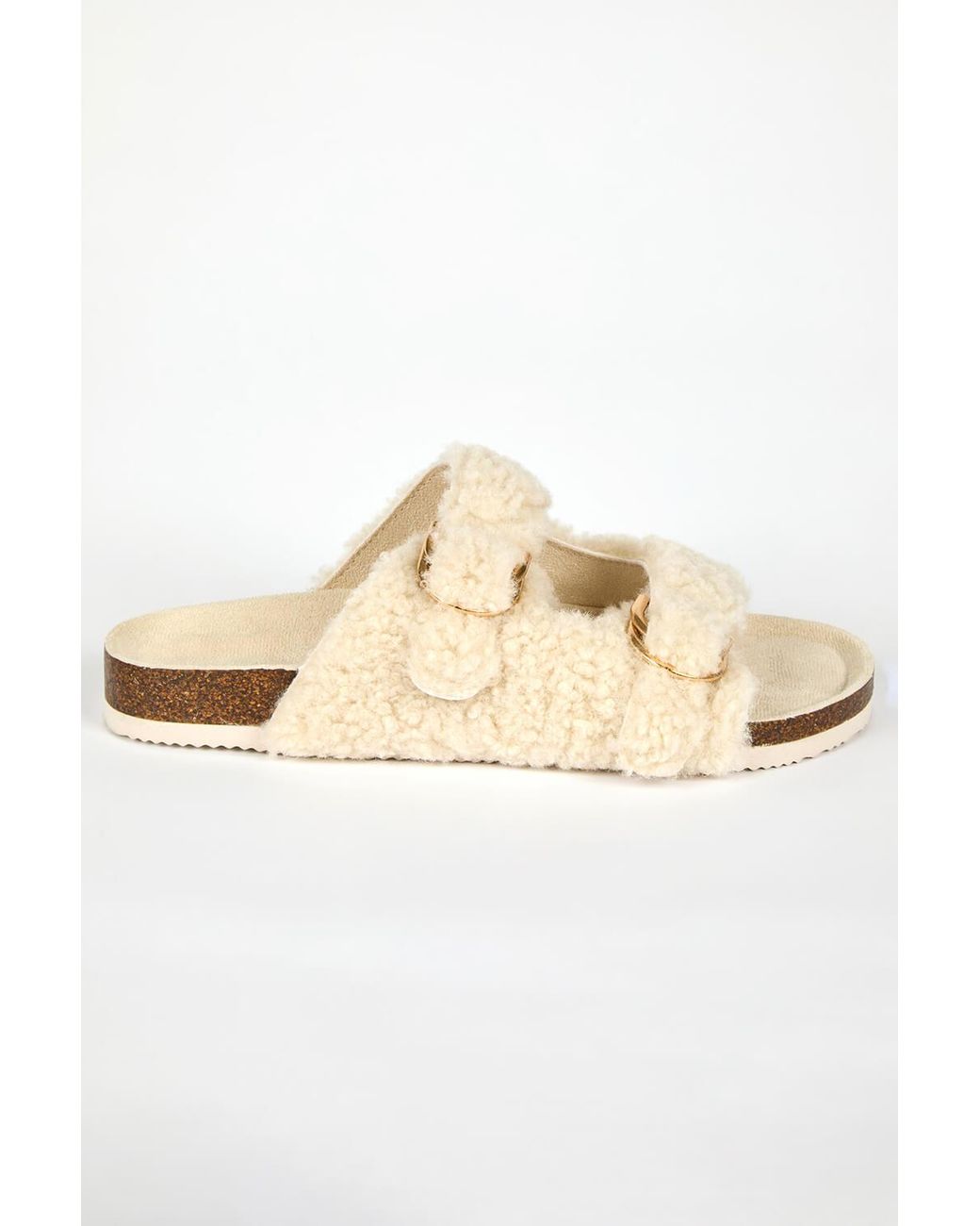 Roman Natural Faux Fur Double Buckle Slipper