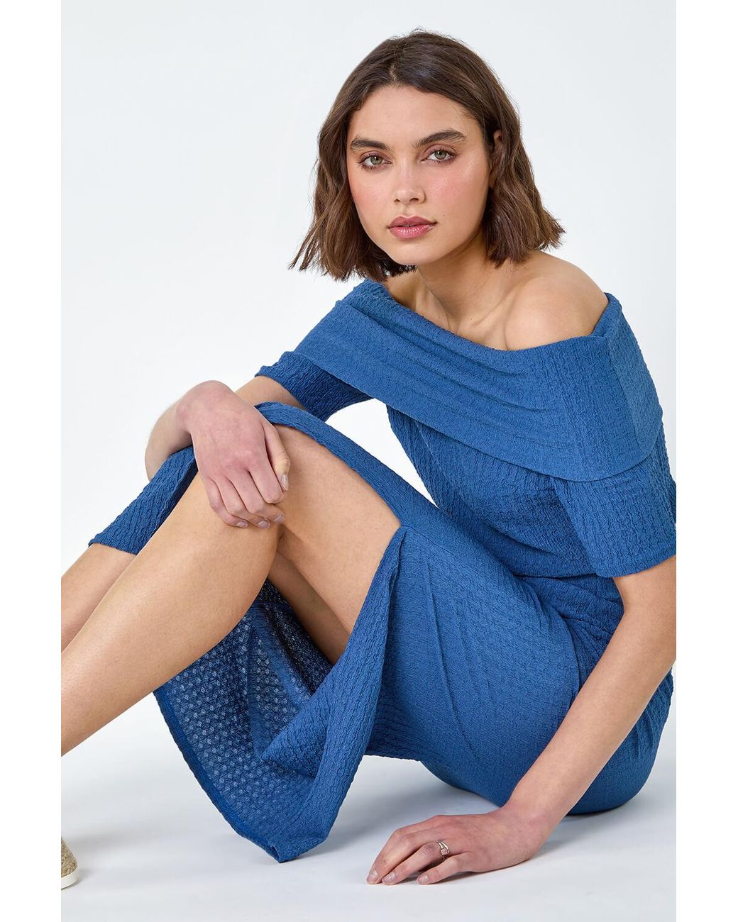 Roman Blue Textured Stretch Midi Elastic Waist Skirt