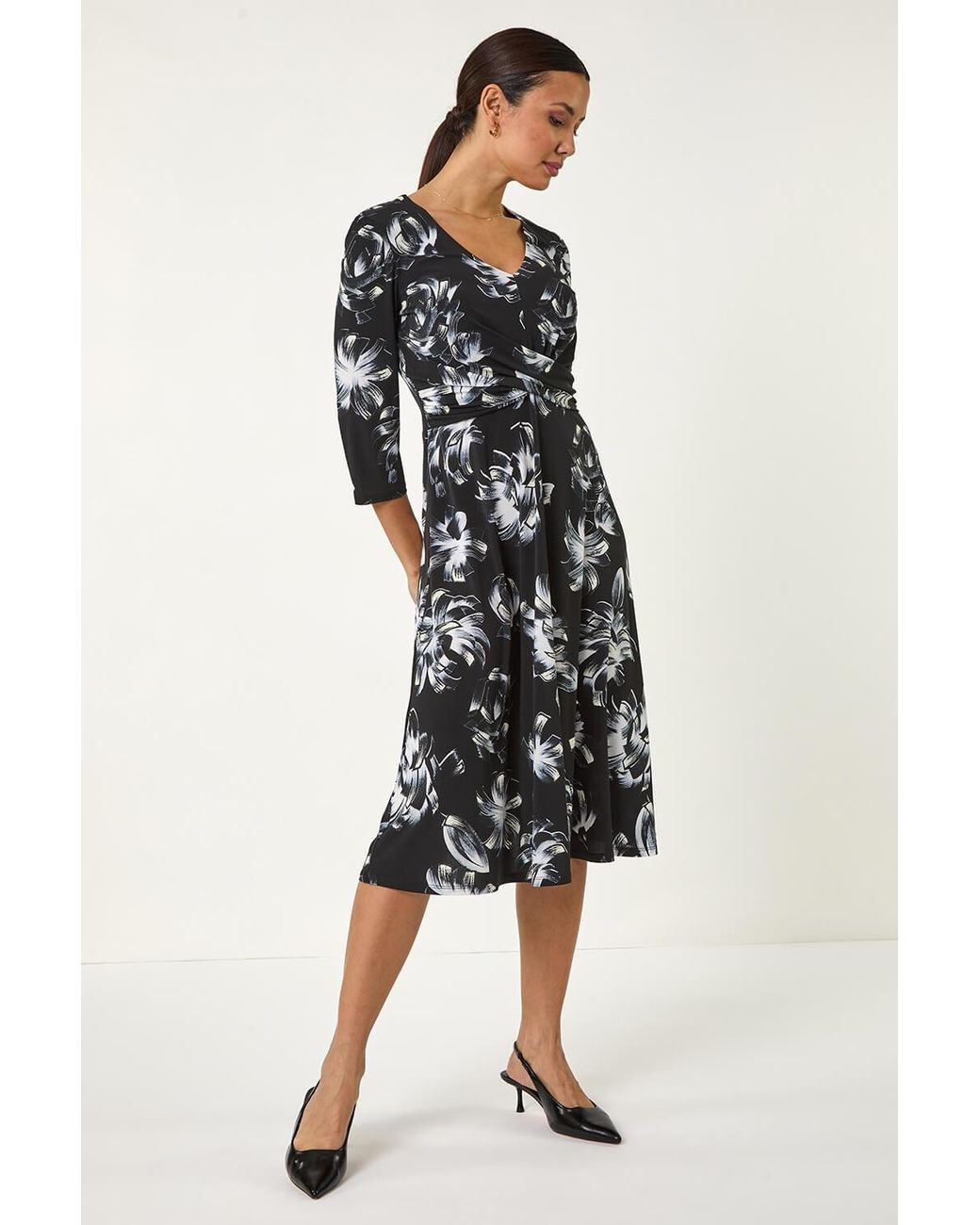Roman Black Floral Print Wrap Front Stretch Dress