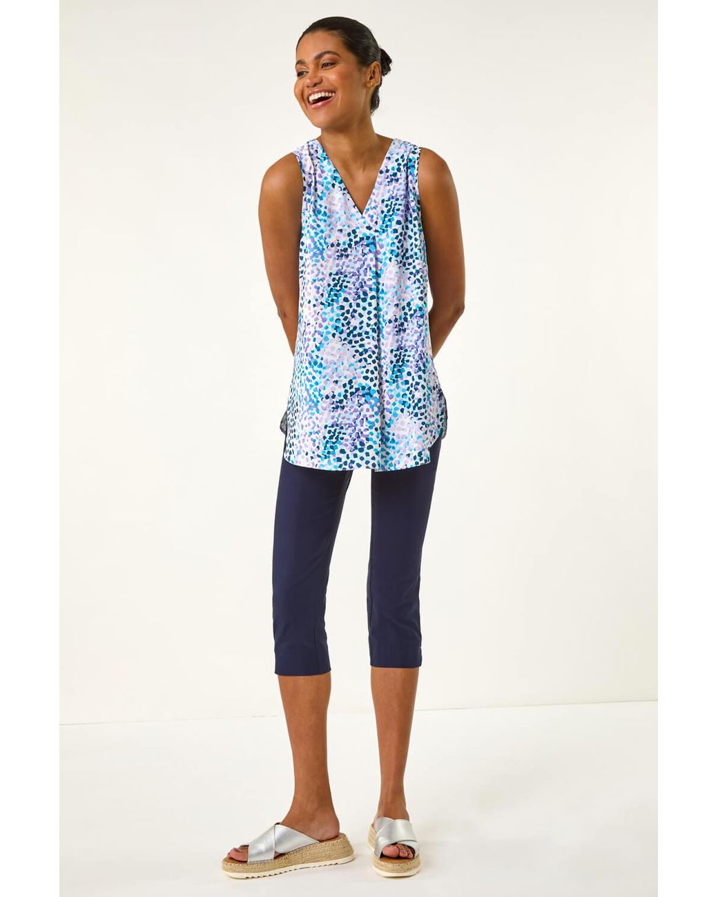 Roman Blue Abstract Print V-Neck Pleat Top