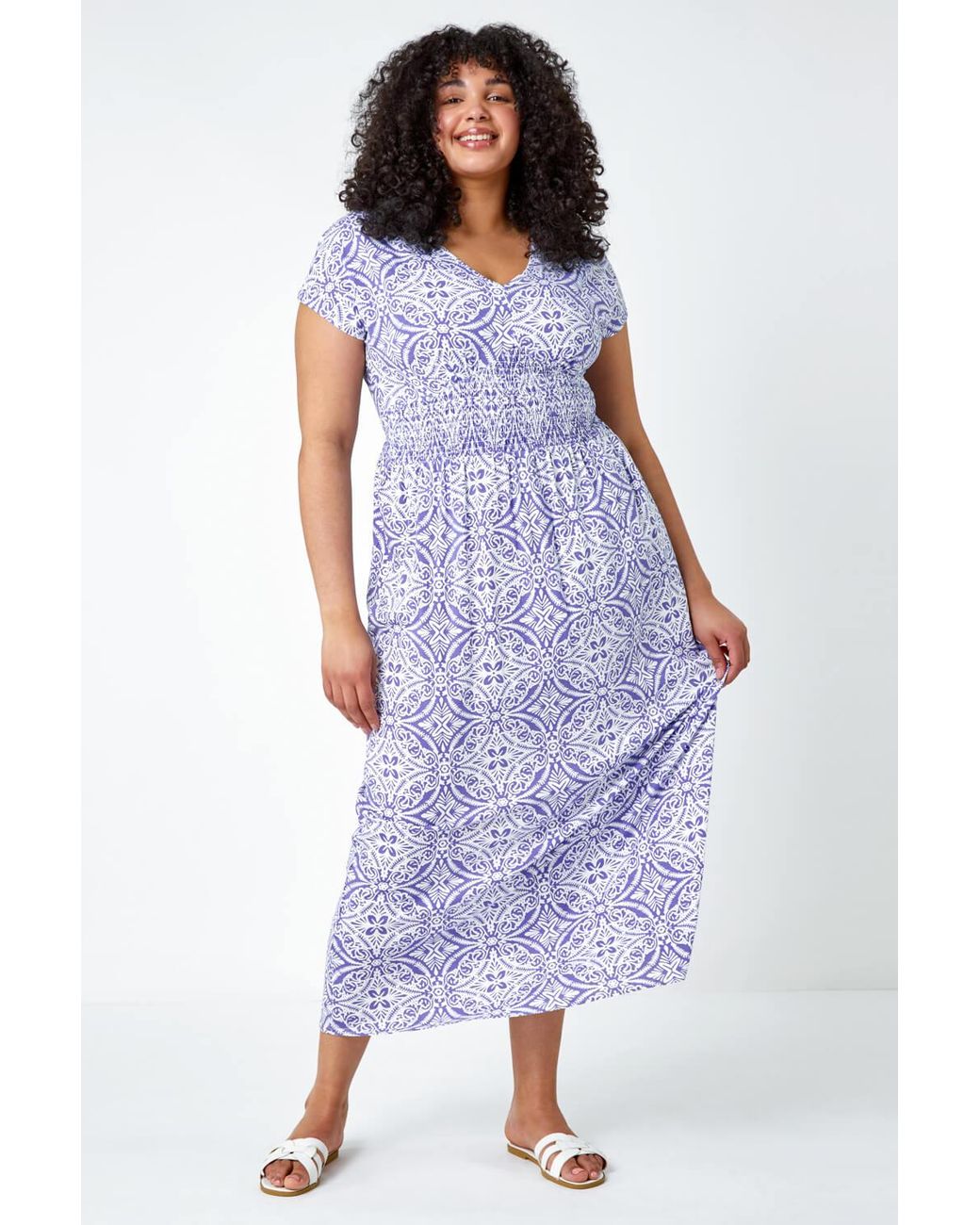 Roman Curve Blue Aztec Print Shirred Midi Dress