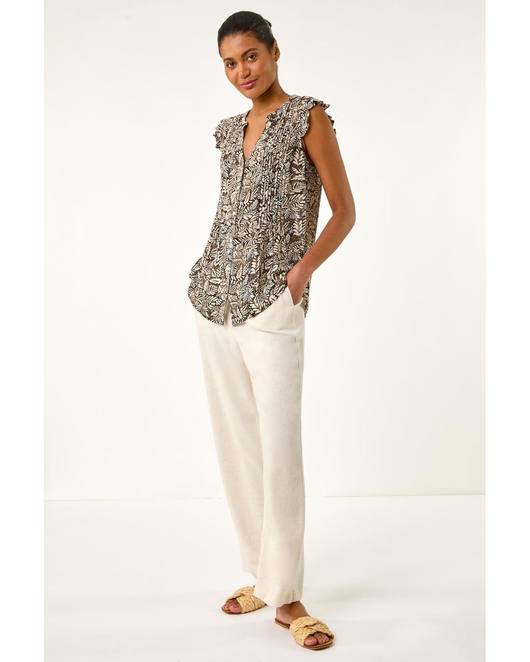 Roman Brown Abstract Print Pintuck Frill Blouse