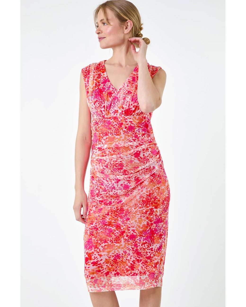 Roman Red Abstract Spot Ruched Mesh Stretch Dress