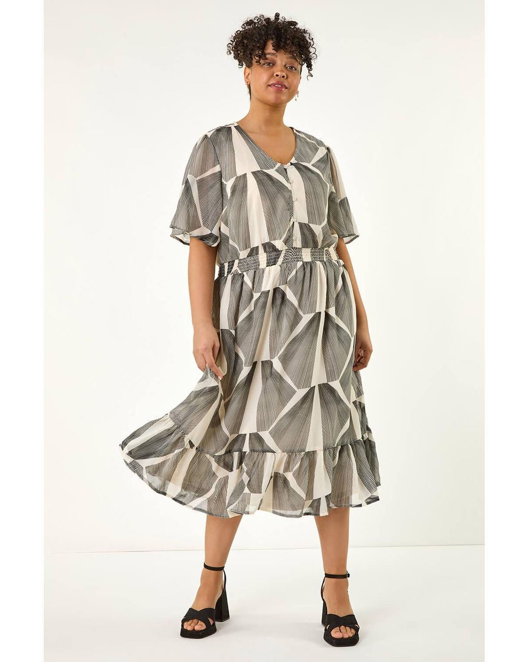 Roman Curve Black Abstract Button Detail Midi Dress