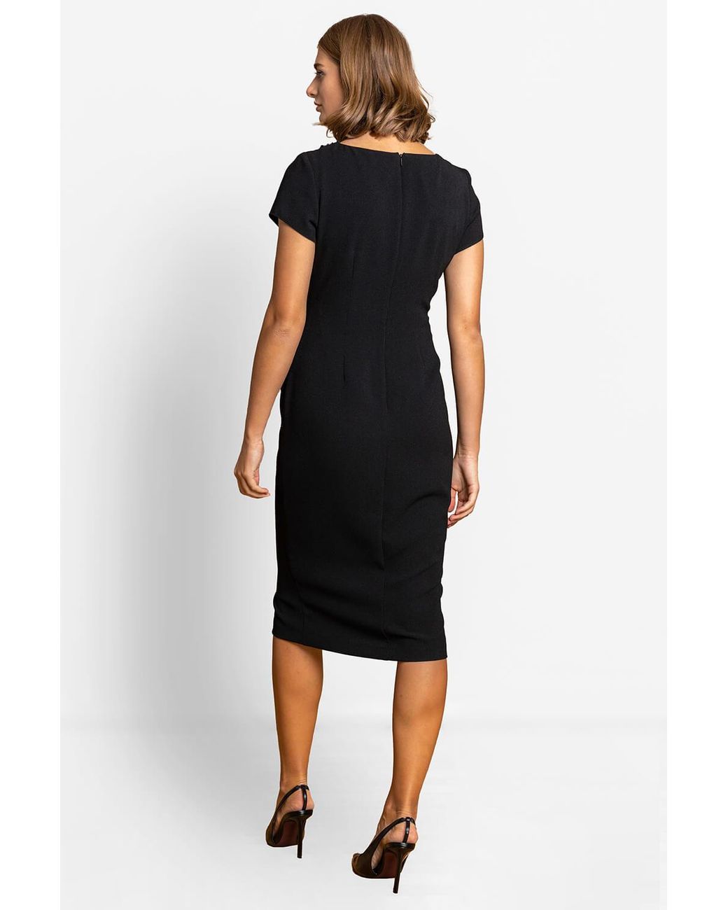 Roman Black Embellished Stretch Twist Waist Ruched Dress