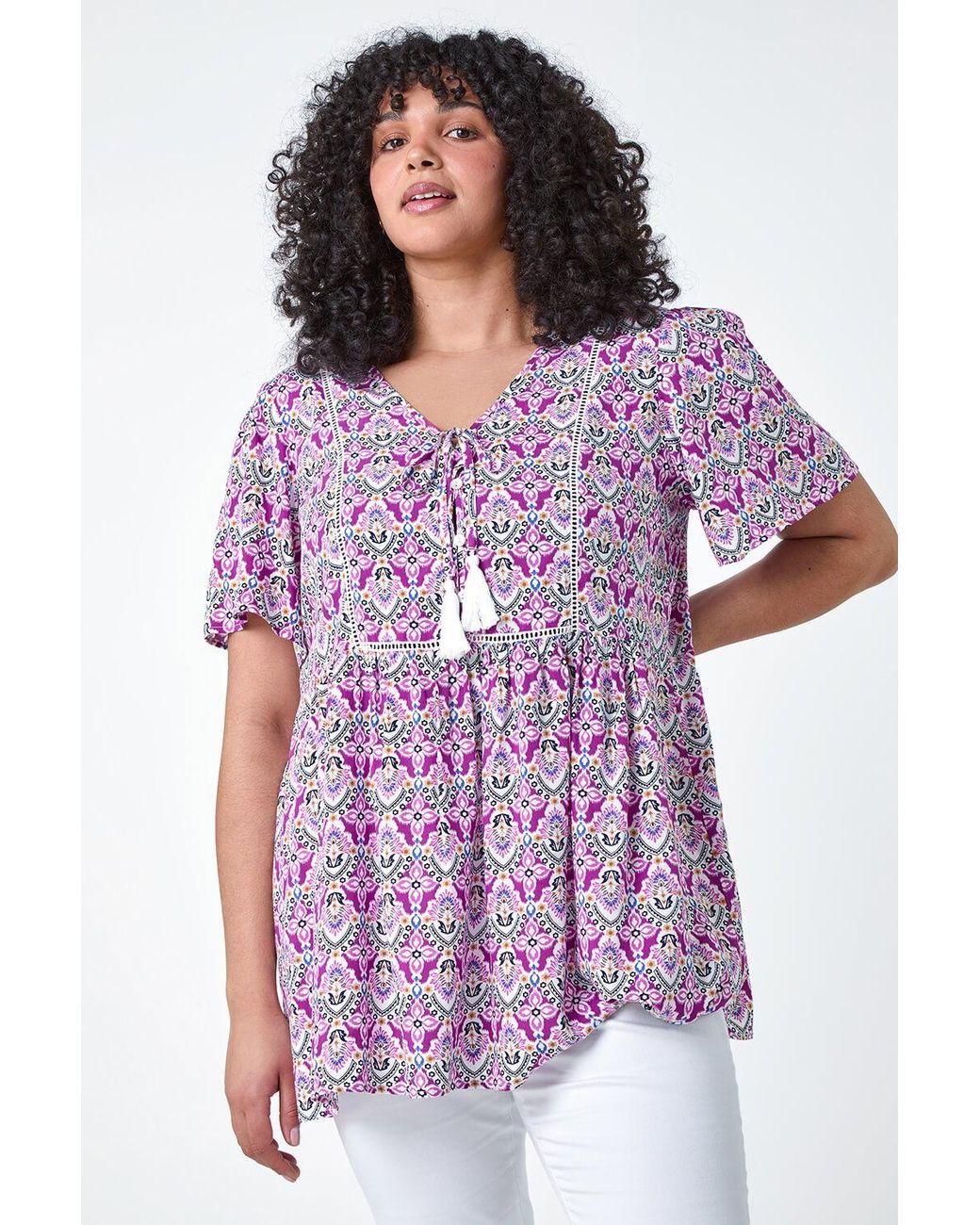 Roman Curve Purple Tie Front V-Neck Boho Printed Top