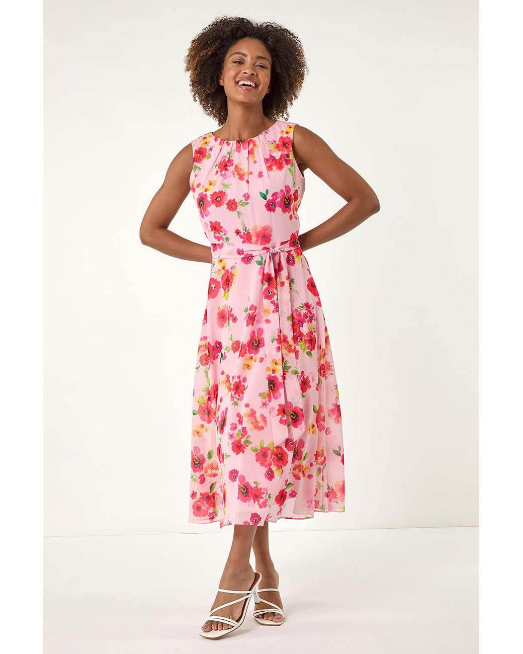 Roman Red Floral Pleated Chiffon Midi Dress